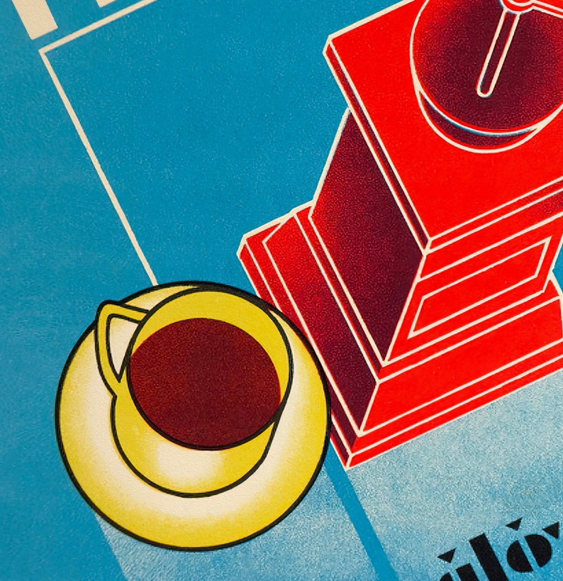 May include: A yellow cup with a red interior filled with brown liquid sits on a yellow saucer. The cup and saucer are on a blue background with a red and white geometric shape in the background.