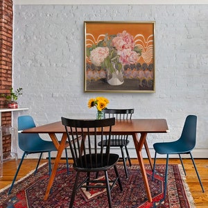 May include: A still life painting of pink peonies in a silver vase against a background of orange and black waves.