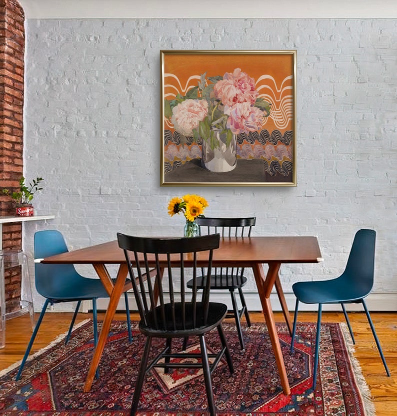 May include: A still life painting of pink peonies in a silver vase against a background of orange and black waves.