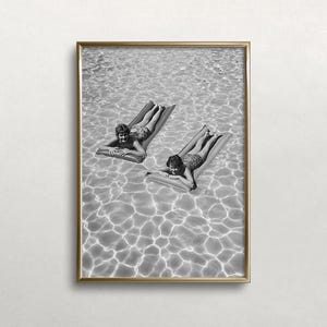 Ladies In Pool, Women On Floats in Pool, Vintage Old Photo: Black and White Swimming Photo, Retro Wall Decor (Digital Download)