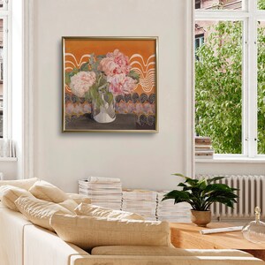May include: A painting of a bouquet of pink peonies in a clear glass vase. The flowers are arranged against a background of orange and white abstract shapes.