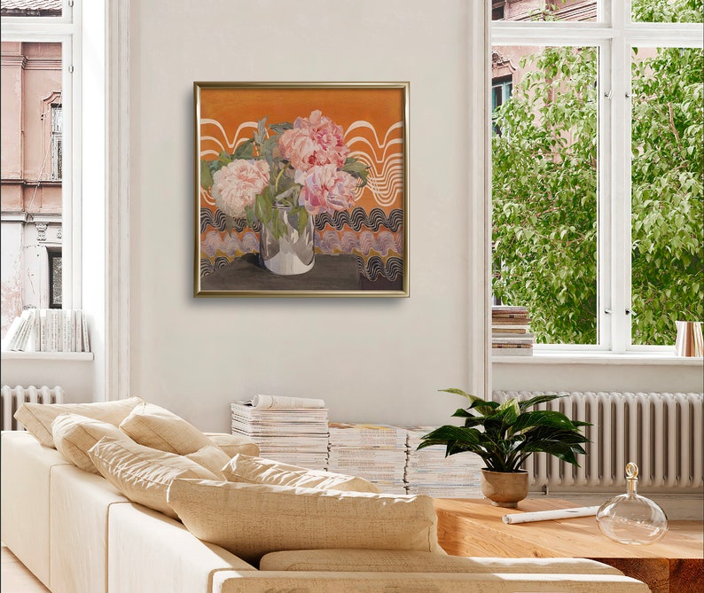 May include: A painting of a bouquet of pink peonies in a clear glass vase. The flowers are arranged against a background of orange and white abstract shapes.
