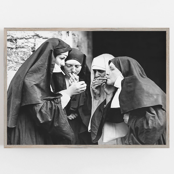 Nuns Smoking, Black and White Art, Vintage Wall Art, Funny Wall Art, Smoking Nuns Print, DIGITAL DOWNLOAD, PRINTABLE Art, Large Wall Art