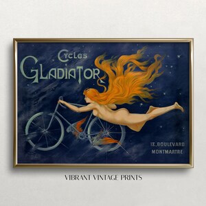 May include: Vintage advertisement for Gladiator Cycles featuring a woman with flowing red hair riding a bicycle against a dark blue starry sky. The text "Cycles Gladiator" is prominently displayed at the top of the poster, along with the address "18, Boulevard Montmartre".
