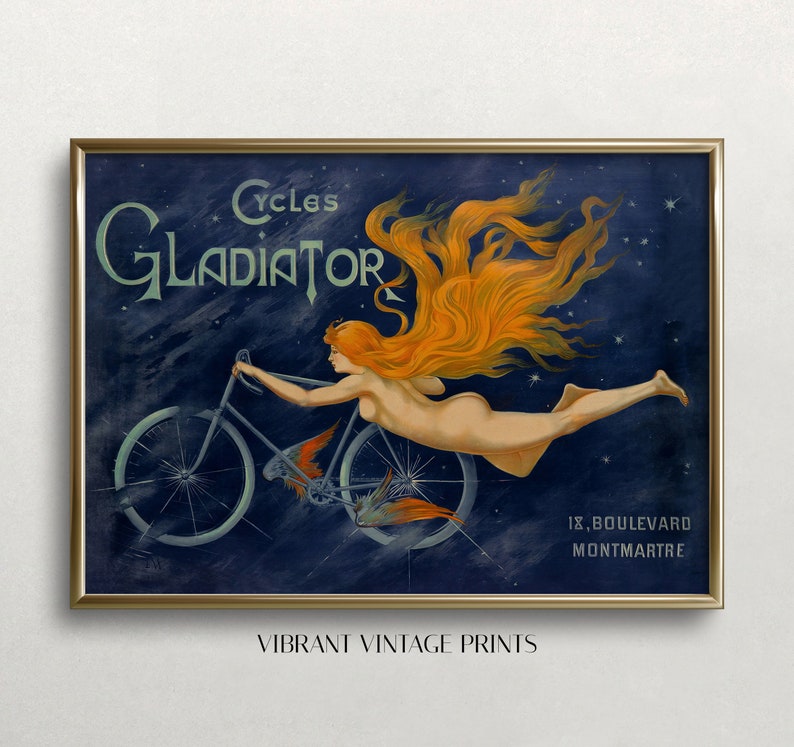 May include: Vintage advertisement for Gladiator Cycles featuring a woman with flowing red hair riding a bicycle against a dark blue starry sky. The text "Cycles Gladiator" is prominently displayed at the top of the poster, along with the address "18, Boulevard Montmartre".