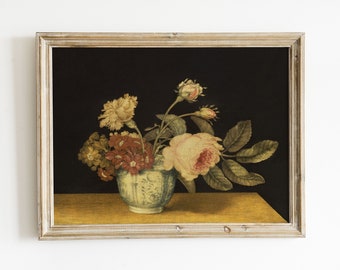 Vintage Floral Still Life Art: Delft Jar Flowers (Printable Wall Art)