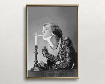 Woman Lighting Cigarette With Candle Photo, Vintage Print, Wall Art Print,  Wall Decor, Home Decor, Digital Download, Printable Art