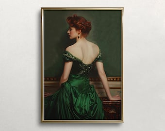 Vintage Style Woman Portrait: Emerald Green Art (Digital Download)