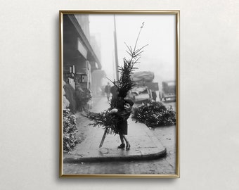 Vintage Christmas Photo: Boy with Tree, Black and White Art (Digital Download)