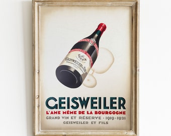 May include: Vintage framed print featuring a wine bottle illustration. The bottle is dark with red and white labels, and the text "GEISWEILER" is prominently displayed. The print includes French text and the words "VIBRANT VINTAGE PRINTS" at the bottom.