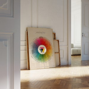 K&ouml;nnte beinhalten: Ein Vintage-Farbkreis-Poster mit goldenem Rahmen. Das Poster tr&auml;gt den Titel "Prismatic" und zeigt einen kreisf&ouml;rmigen Farbkreis mit einem Dreieck in der Mitte. Der Farbkreis ist in 12 Abschnitte unterteilt, die jeweils eine andere Farbe repr&auml;sentieren.