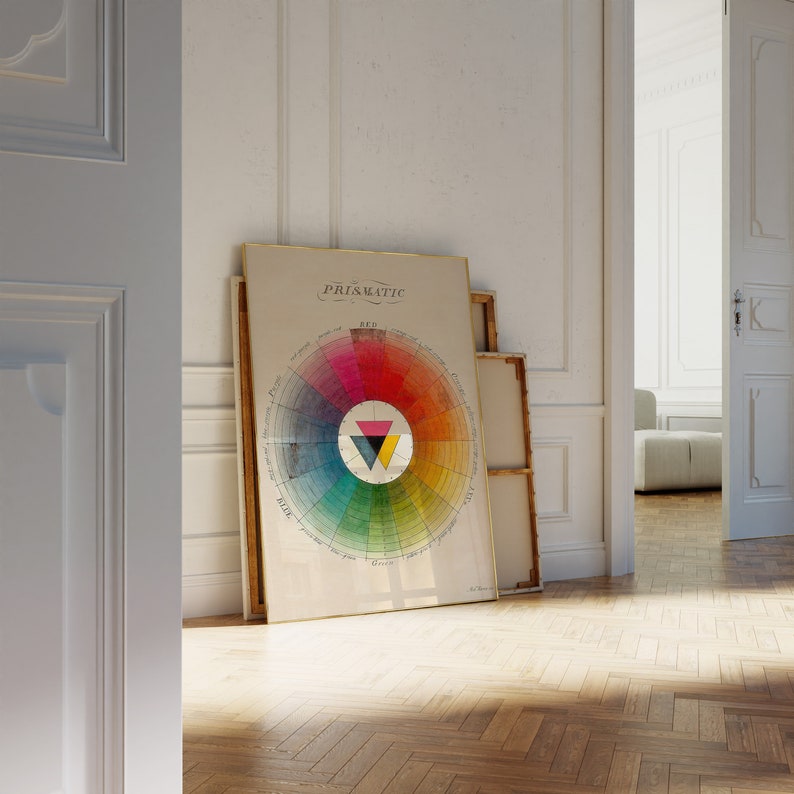 K&ouml;nnte beinhalten: Ein Vintage-Farbkreis-Poster mit goldenem Rahmen. Das Poster tr&auml;gt den Titel "Prismatic" und zeigt einen kreisf&ouml;rmigen Farbkreis mit einem Dreieck in der Mitte. Der Farbkreis ist in 12 Abschnitte unterteilt, die jeweils eine andere Farbe repr&auml;sentieren.