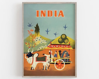 Póster de viaje a la India: Arte mural de una carreta de bueyes vintage (descarga digital)