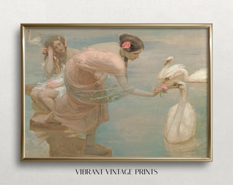 Women and Swans Print | Vintage Wall Art | Swan Wall Art | Woman Portrait | Soft Pastel Colors | Antique Wall Decor| PRINTABLE Wall Art #423
