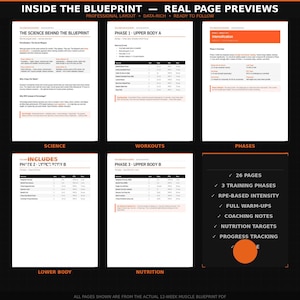 Peut inclure: Un document numérique intitulé "INSIDE THE BLUEPRINT - REAL PAGE PREVIEWS". Il présente des plans d'entraînement, des objectifs nutritionnels et un suivi des progrès. La mise en page est professionnelle et riche en données, avec 26 pages.