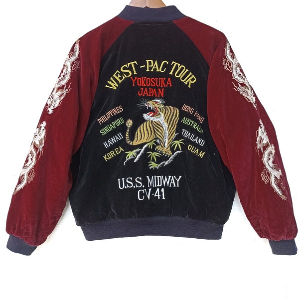 Vintage Sukajan Souvenir Jacke West Pac Tour Yokosuka Japan Stickerei Sukajan Drachen Ten Carat mittlere Größe seltenes Design