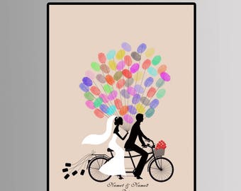 Just married bride and groom on tandem bicycle Wedding guest book, fingerprint tree, Unique Custom Guest Book Personalized Guest Book