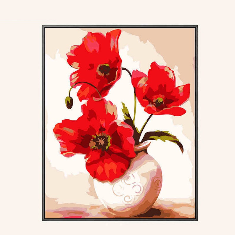 Paint by Number Kit Flower// Red Flower Painting// Red Flower Etsy