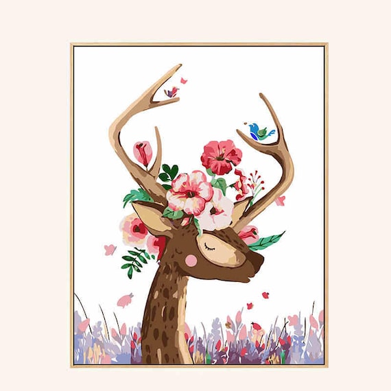 Paint by Number Deer// Paint by Number Kit for Kids// Paint by Number  Painting// DIY Kids and Deer Oil Painting on Canvas// Home Decor 