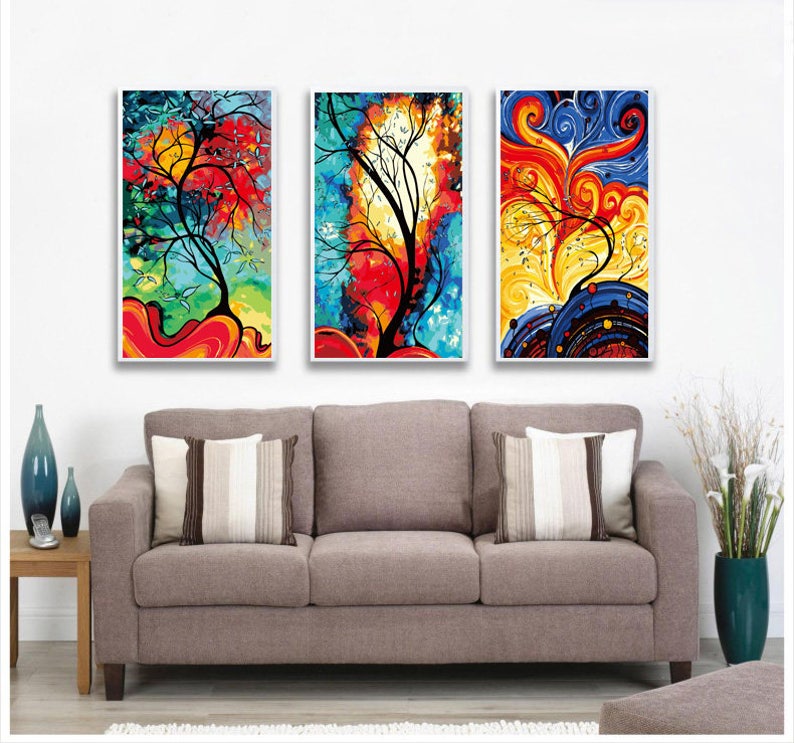 Set of 3 Paint by number kit/ Abstract colorful tree painting/ Tree of life/ Modern Landscape tree art/ tree painting on canvas image 1
