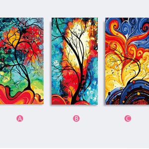 Set of 3 Paint by number kit/ Abstract colorful tree painting/ Tree of life/ Modern Landscape tree art/ tree painting on canvas image 2