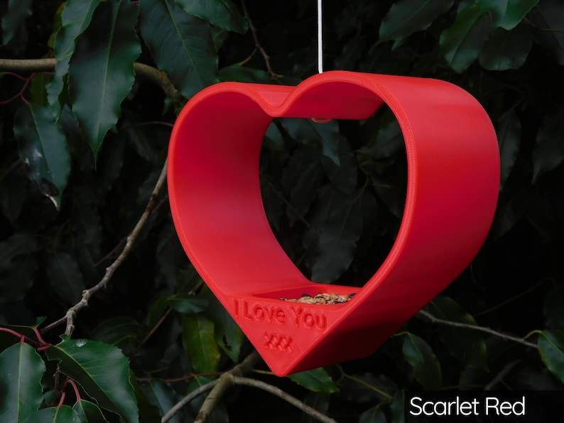 May include: A red heart-shaped bird feeder with the words "I Love You XXX" printed on the front. The feeder is filled with birdseed and hanging from a branch.