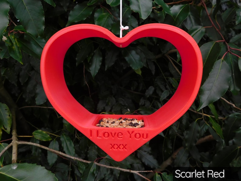 May include: A red heart-shaped bird feeder with the words "I Love You XXX" printed on the front. The feeder is filled with birdseed.