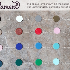 May include: Color chart showing 16 different filament colors for 3D printing. Colors include Jet Black, Ice White, Castle Grey, Groovy Gold, Hazel Bronze, Rustic Red, Scarlet Red, Hot Pink, Peaceful Pink, Royal Blue, Sky Blue, Tender Teal, Deep Teal, Bottle Green, Bright Green, and Mint Green.