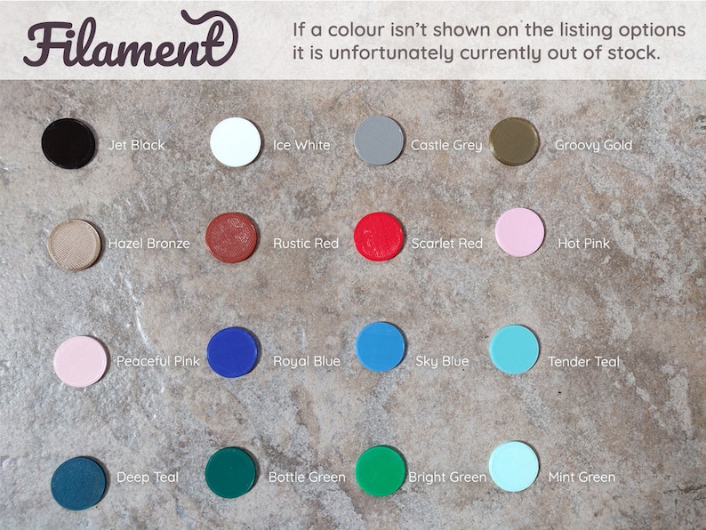 May include: Color chart showing 16 different filament colors for 3D printing. Colors include Jet Black, Ice White, Castle Grey, Groovy Gold, Hazel Bronze, Rustic Red, Scarlet Red, Hot Pink, Peaceful Pink, Royal Blue, Sky Blue, Tender Teal, Deep Teal, Bottle Green, Bright Green, and Mint Green.