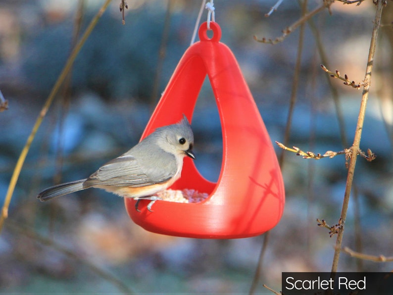 May include: A small bird, a chickadee, is perched on the edge of a bright red, triangular bird feeder. The feeder is hanging from a branch and has a hole in the top for birds to enter.
