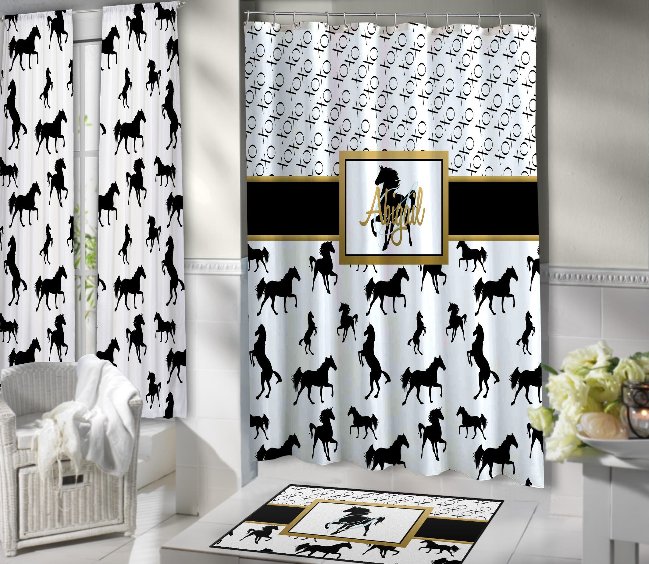 Horse Themed Shower Curtains Black & White Horse Print Etsy