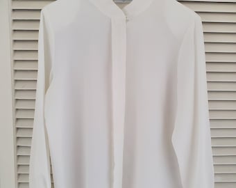 Vintage 80s White Alfred Dunner Blouse - Embroidered Collar - Modern Medium to Large