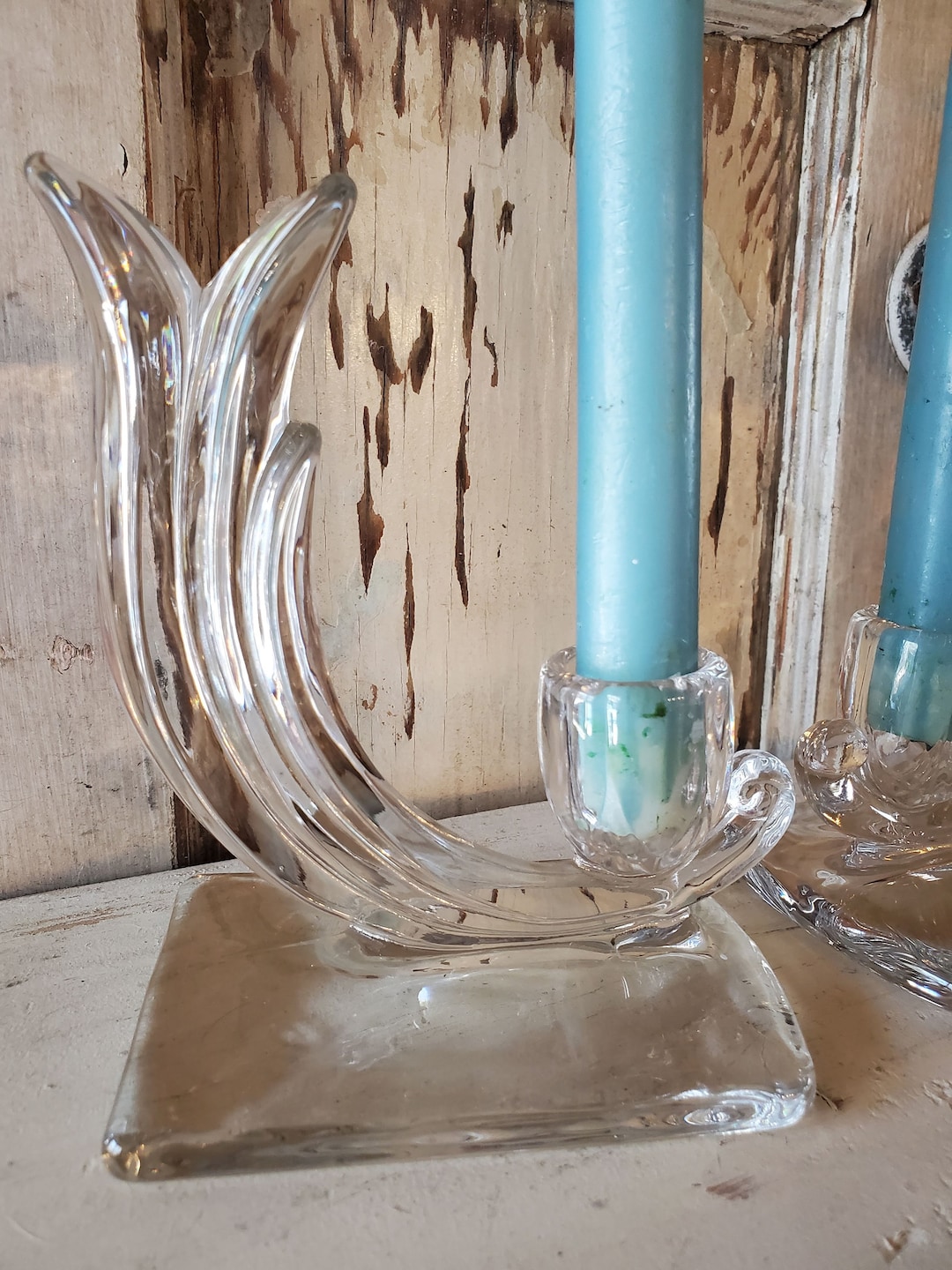 Vintage Clear Glass Candlestick Holders RARE GLOWERS Etsy