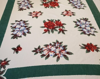 Vintage Tablecloth Red Blue Hibiscus Green Tropical