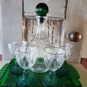 Vintage Avon Emerald Green Glass Decanter Set Tray, Decanter, 6 Cordial Glasses