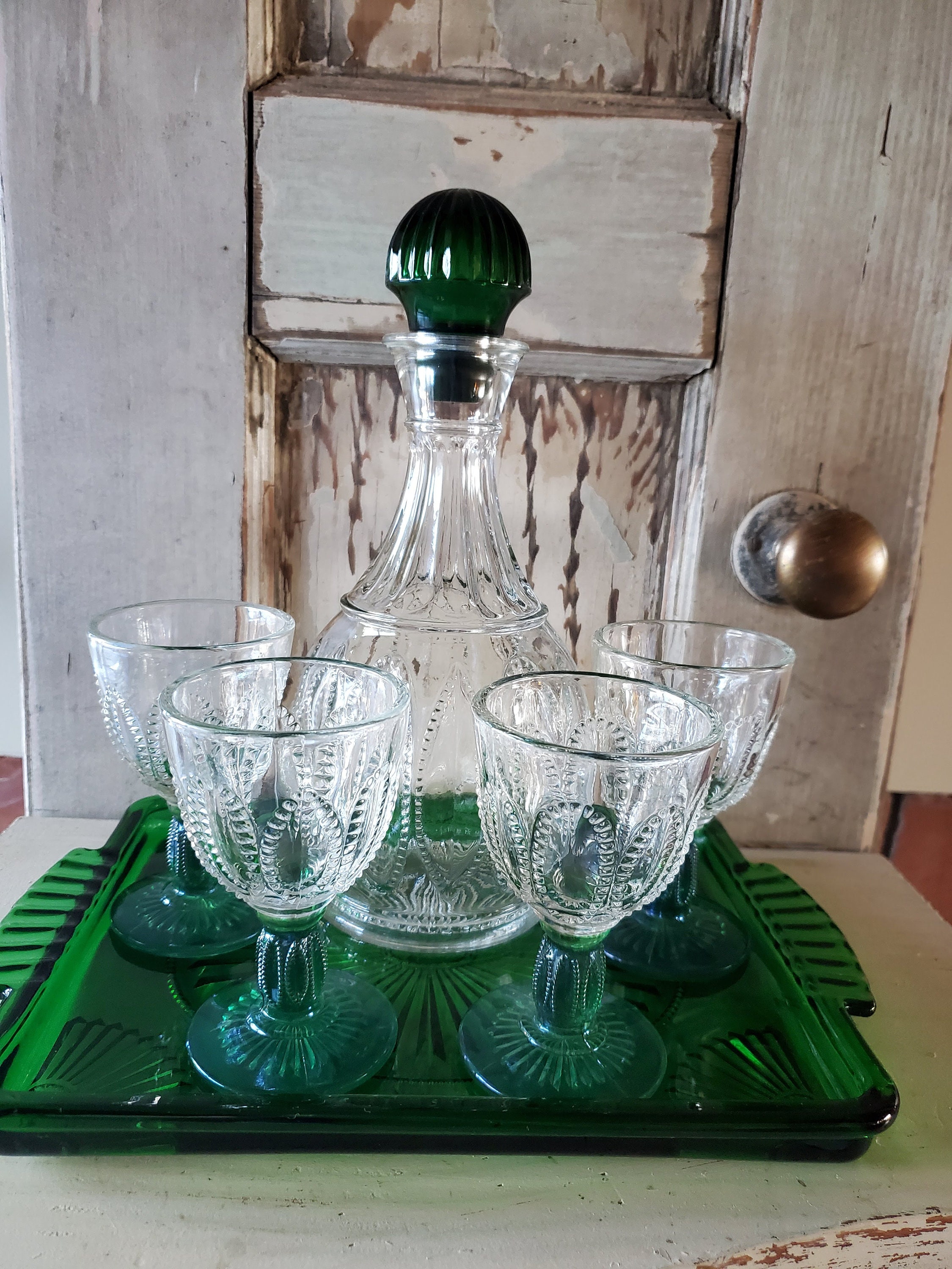 Vintage Avon Emerald Green Glass Decanter Set Tray, Decanter