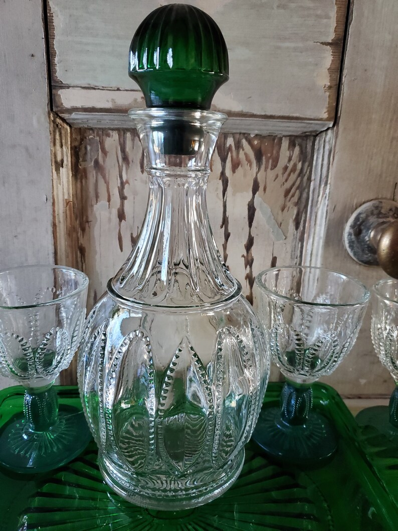 Vintage Avon Emerald Green Glass Decanter Set Tray Decanter Etsy