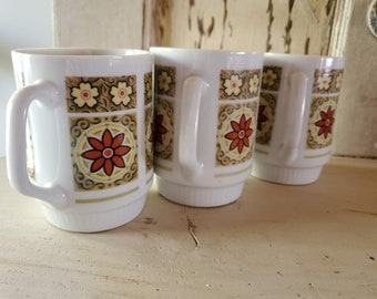 Vintage Stacker Mugs Red Floral and Yellow Geometric Print  (set of 3)