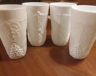 Vintage Imperial Glass White Milk Glass Colony Grapes Tall Tumblers (Set of 4)