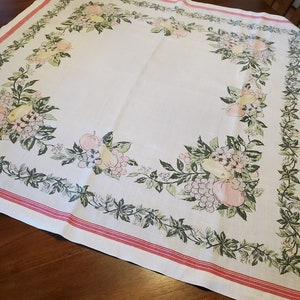 Vintage Small Tablecloth / Table Topper White and Red Fruit and Leaves Print