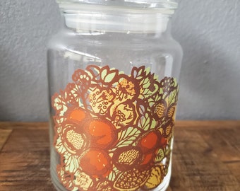 Vintage Glass Kitchen Canister - Fruit Vegetable and Nuts Pattern