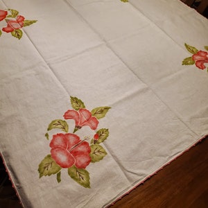 Vintage Tablecloth Stencil Printed Pink Hibiscus