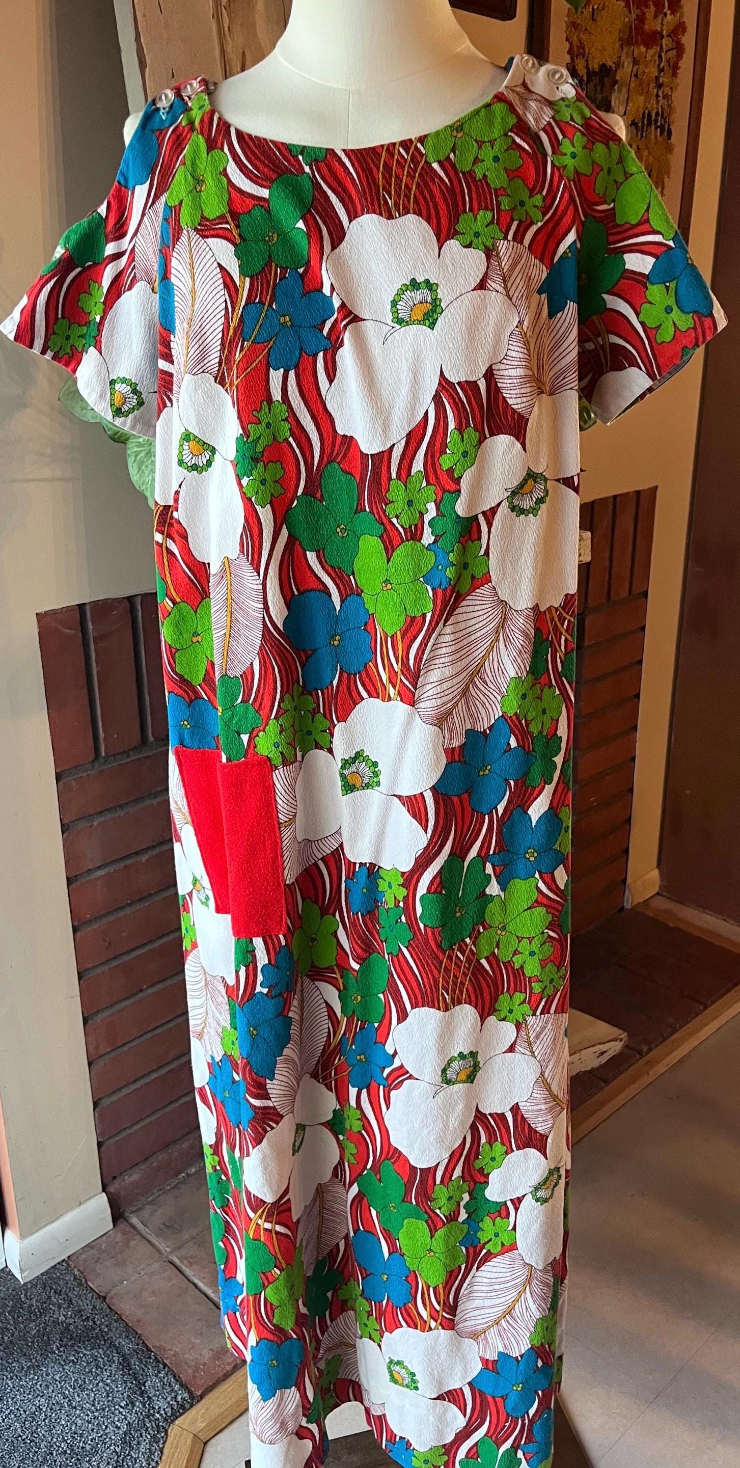 60s / 70s Vintage Hawaiian Barkcloth Muumuu Dress - Red / Blue