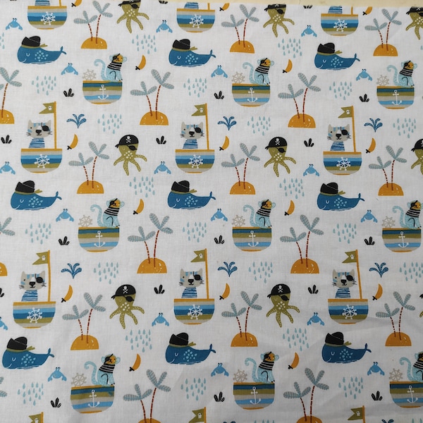 Tissu Mer - Chats pirates - Pieuvres - Baleines -