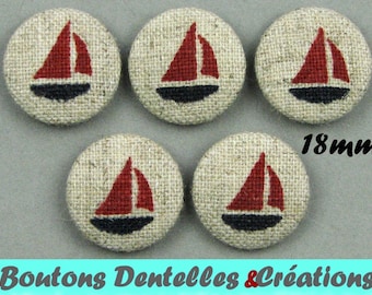 Boutons recouverts de lin - Mer - Bateaux - Voiliers -18mm - (18-06)