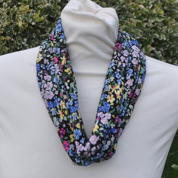 Snood/cowl Scarf in soft jersey pink blue yellow lilac green ivory flowers on black