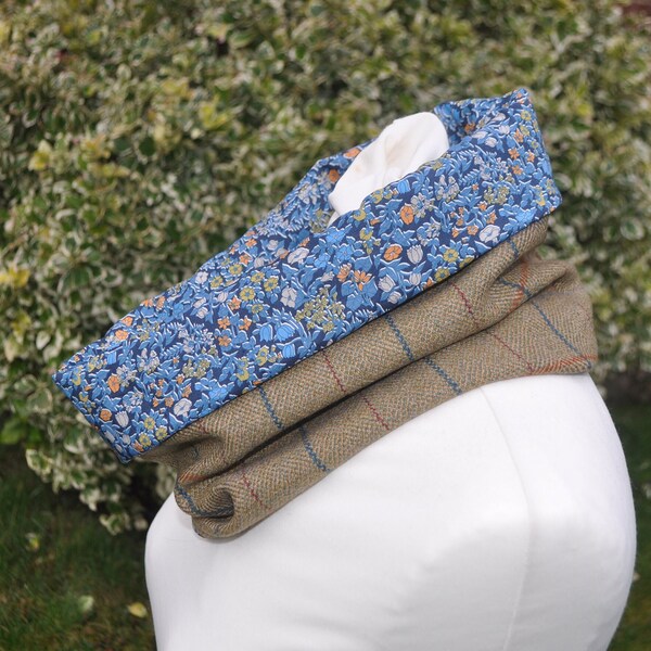 Cowl/Snood/neck warmer in Liberty tana lawn blue orange ochre flowers/Khaki tweed