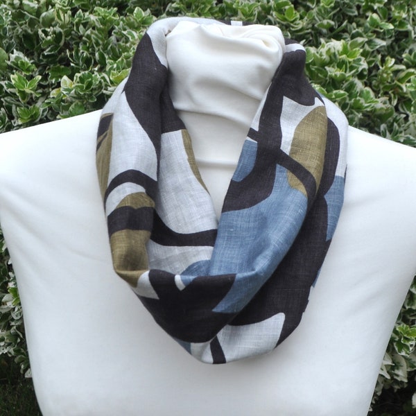 Snood/cowl Scarf linen abstract brown grey khaki ivory