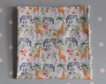 Large Men's Cotton handkerchief hankie pocket square zebra giraffe flowers multi ivory