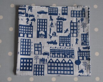 Large men's handkerchief pocket square Liberty tana blue ivory urban scenes